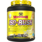 Mammoth ISO RUSH Protein powder container, 100% whey protein isolate, 28g protein per serving, low sugar.